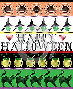 Scandinavian cross stitch and traditional American holiday inspired seamless Happy Halloween pattern with spider, web, witch