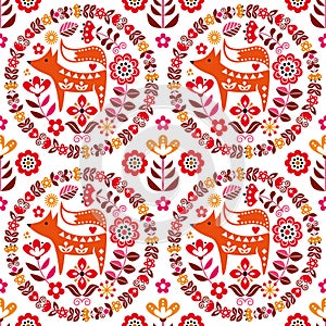 Scandinavian cute folk art vector seamless pattern with flowers and fox, floral textile ornament