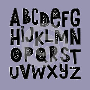 Scandinavian cute and funny monochrome black and white alphabet. Cartoon hand drawn graphic font for kids design. Vector