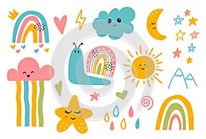 Scandinavian Cute Smiling Moon, Cloud, Star, Rainbow, Sun