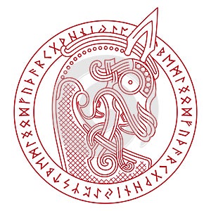 Scandinavian design. Dragon head. The bow figure of the Viking ship Drakkar and runic circle