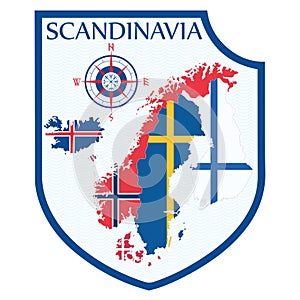 Scandinavian design. Heraldic shield, a background map of the Scandinavian Countries - Sweden, Norway, Denmark and