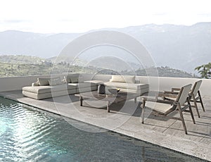 Scandinavian design lounge zone on balcony. Sofa with swimming pool and nature view background. House outdoor terrace 3d