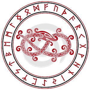 Scandinavian design. The mythical serpent Jormungand and a circle of ancient Scandinavian rune symbols