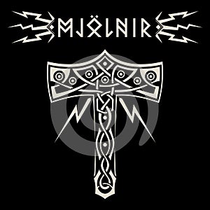 Scandinavian design. Thors hammer - Mjolnir and Norse runes photo