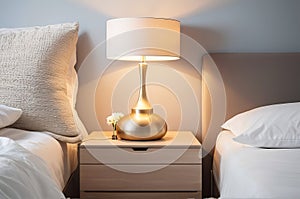 Scandinavian Elegance: Nightstand Lamp and Flowers in Bedroom Home Interior.