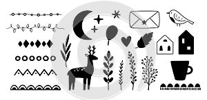 Scandinavian elements graphic design. Black deer silhouettes, ethnic style doodle ornaments, moon, houses and branches