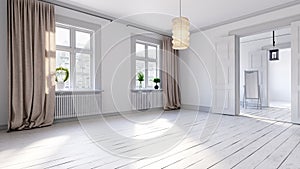 Scandinavian empty apartment interior without furniture with large wall and landscape in window