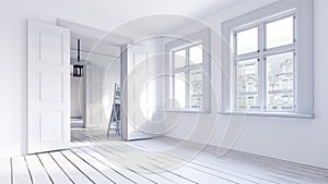 Scandinavian empty apartment interior without furniture with large wall and landscape in window