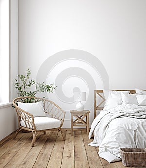 Scandinavian farmhouse bedroom interior, wall mockup