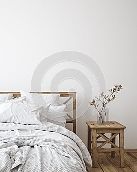 Scandinavian farmhouse bedroom interior, wall mockup