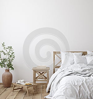 Scandinavian farmhouse bedroom interior, wall mockup