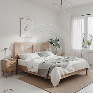 Scandinavian farmhouse bedroom interior wall mockup