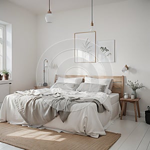 Scandinavian farmhouse bedroom interior wall mockup