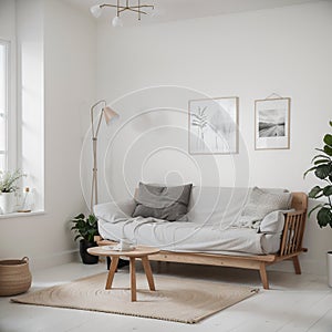 Scandinavian farmhouse bedroom interior wall mockup