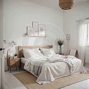 Scandinavian farmhouse bedroom interior wall mockup