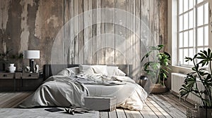 scandinavian farmhouse bedroom interior, wall mockup. AI Generative