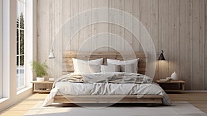 Scandinavian farmhouse bedroom interior. Wall mockup. Bed with light white bedding. Dry plants. 3d render. High quality 3d