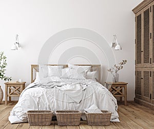 Scandinavian farmhouse bedroom interior, wall mockup photo