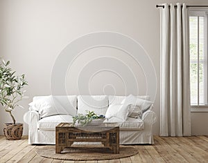 Scandinavian farmhouse living room interior, wall mockup