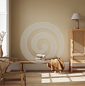 Scandinavian farmhouse living room interior, wall mockup