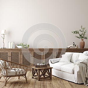 Scandinavian farmhouse living room interior, wall mockup photo