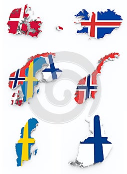 Scandinavian flags on 3d map