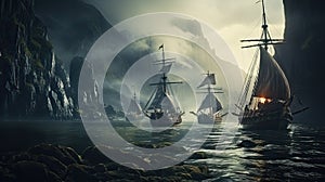 Scandinavian fleet sailing on long wooden ships on mysterious waters. Fantasy landscape with Vikings on dragon boats with shields