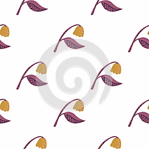 Scandinavian flower silhouettes seamless doodle pattern. Orange and purple colored botanic ornament on white background