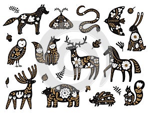 Scandinavian flowers animals. Folklore Nordic woodland elements. Fauna patterned totem templates. Black silhouettes with