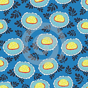 Scandinavian flowers seamless vector background. 1960s, 1970s retro floral design. Yellow and blue doodle vintage flowers with