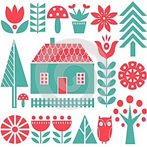Scandinavian folk art seamless vector pattern with flowers, trees, mushrooms, owl, houses and rural scenery in simple