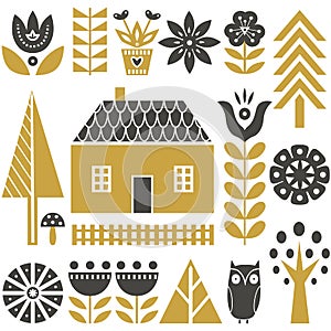 Scandinavian folk art seamless vector pattern with flowers, trees, mushrooms, owl, houses and rural scenery in simple style