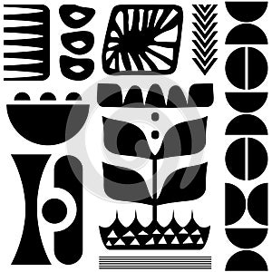 Scandinavian folk art seamless vector pattern with plants and other figures in minimalist style