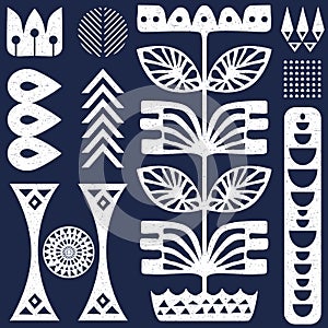 Scandinavian folk art seamless vector pattern with plants and other figures on worn our texture in minimalist style