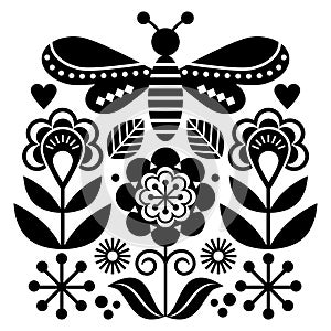 Scandinavian folk art style flowers and insect vector design, cute graden floral pattern with fly inspired by traditional embroide