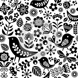 Scandinavian folk art vector seamless pattern with birds, flowers, spirng happy textile design inspired by traditional embroidery