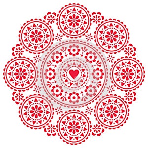 Scandinavian folk style vector decorative mandala pattern with flowers and hearts, Valentine`s Day greeting card or wedding invita