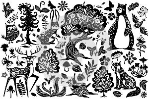 Scandinavian forest elements. Nordic scandi style deer, hare and bear, owl and fox, bird and oak tree, mushroom and