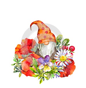 Scandinavian gnome in summer flowers, floral bouquet design. Watercolor card illustration