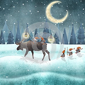 Scandinavian gnomes with moose watercolor illustration Cute Christmas gnomes in snow forest Winter fantasy moon night scenery