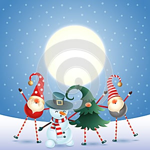 Scandinavian gnomes and snowman celebrate New year in front of magical moon -blue snowy background