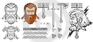 Scandinavian god of thunder and storm. Hand drawing of Thor`s Head. The hammer of Thor - mjolnir. Son of Odin. Cartoon bearded