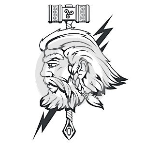 Scandinavian god of thunder and storm. Hand drawing of Thor`s Head. The hammer of Thor - mjolnir. Son of Odin. Cartoon bearded