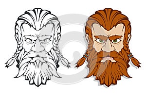 Scandinavian god of thunder and storm. Hand drawing of Thor`s Head. The hammer of Thor - mjolnir. Son of Odin. Cartoon bearded