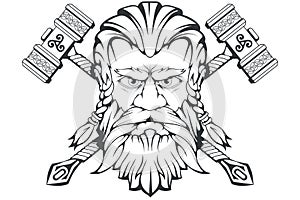 Scandinavian god of thunder and storm. Hand drawing of Thor`s Head. The hammer of Thor - mjolnir. Son of Odin. Cartoon bearded