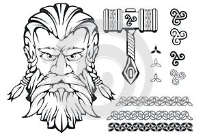 Scandinavian god of thunder and storm. Hand drawing of Thor`s Head. The hammer of Thor - mjolnir. Son of Odin. Cartoon bearded photo