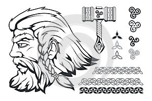 Scandinavian god of thunder and storm. Hand drawing of Thor`s Head. The hammer of Thor - mjolnir. Son of Odin. Cartoon bearded