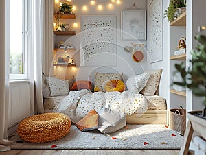 Scandinavian home interior design of modern kids bedroom, long angle view,