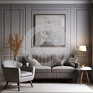 Scandinavian home interior design of modern living room. Grey sofa and armchair against classic paneling wall with posters